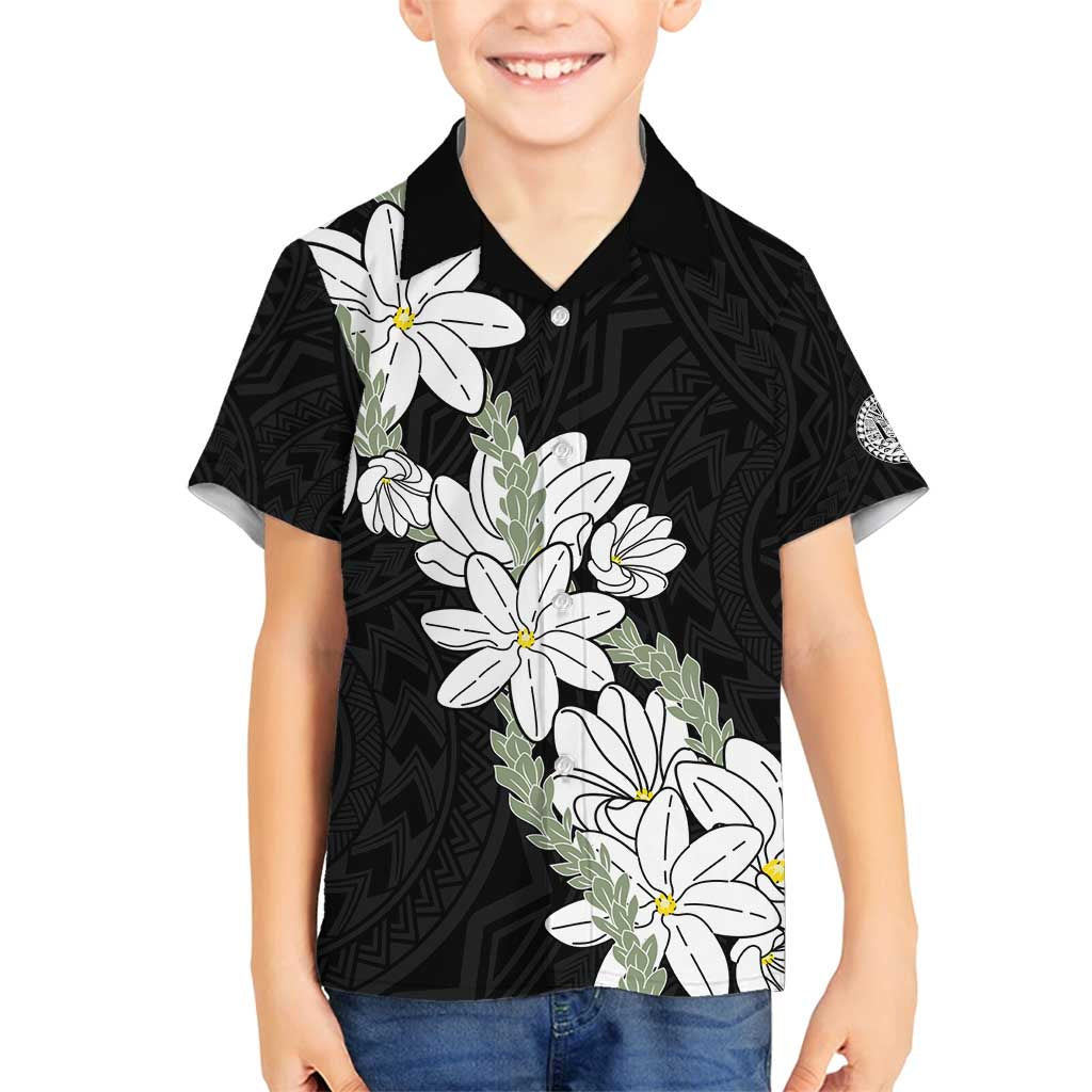 Ia Orana Tahiti Tiare Family Matching Off Shoulder Short Dress and Hawaiian Shirt Black Lei LT7 Son's Shirt Black - Polynesian Pride