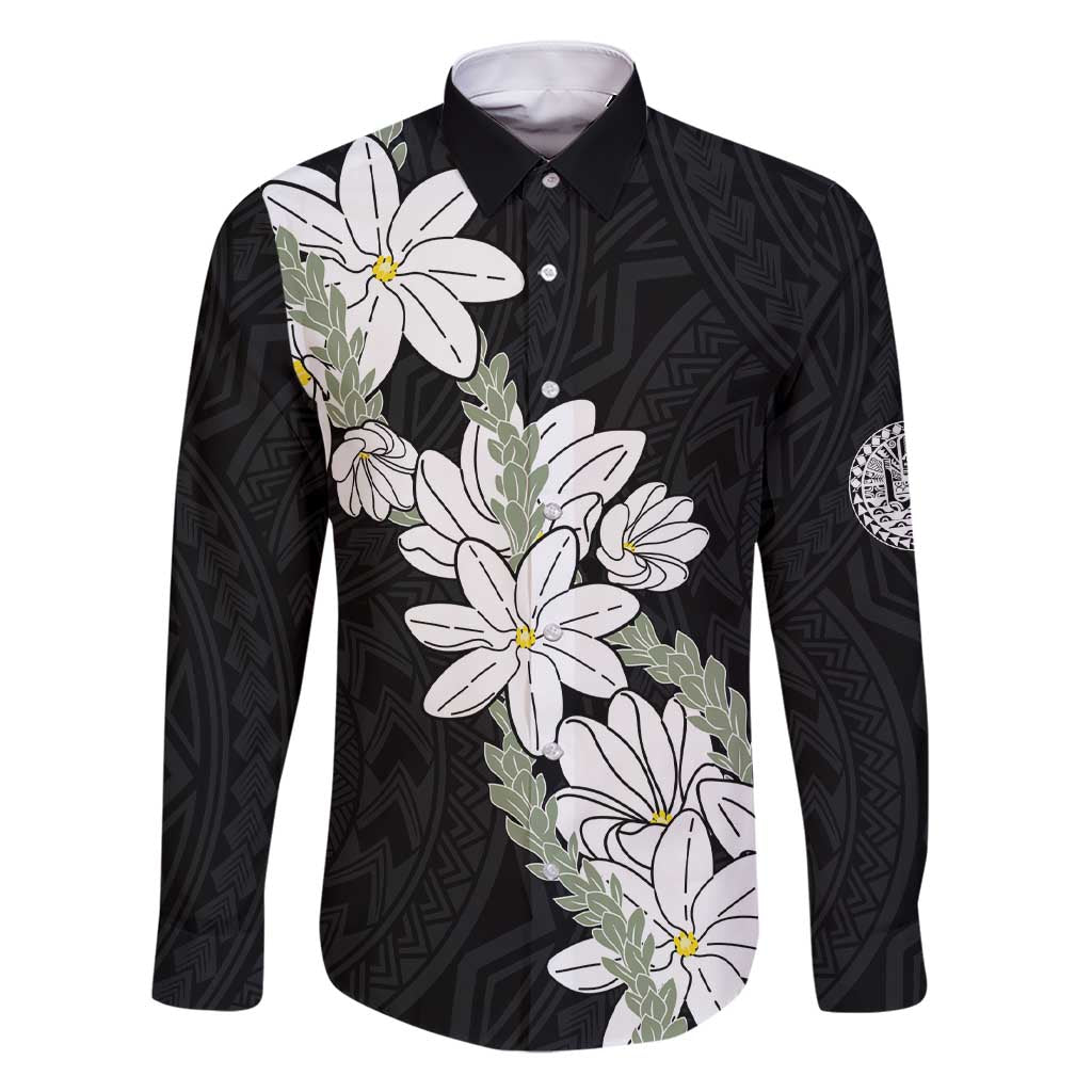 Ia Orana Tahiti Tiare Family Matching Short Sleeve Bodycon Dress and Hawaiian Shirt Black Lei LT7 Dad's Shirt - Long Sleeve Black - Polynesian Pride