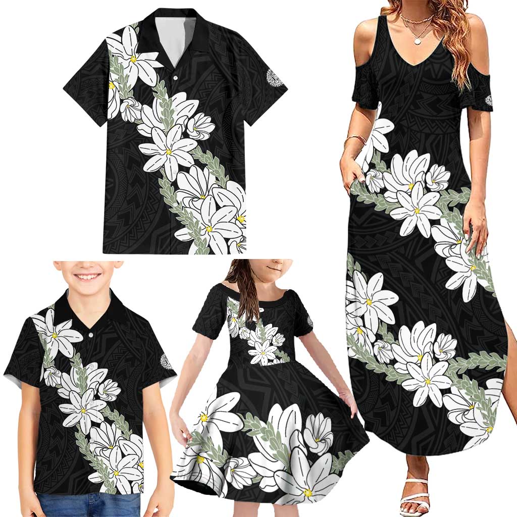 Ia Orana Tahiti Tiare Family Matching Summer Maxi Dress and Hawaiian Shirt Black Lei LT7 - Polynesian Pride