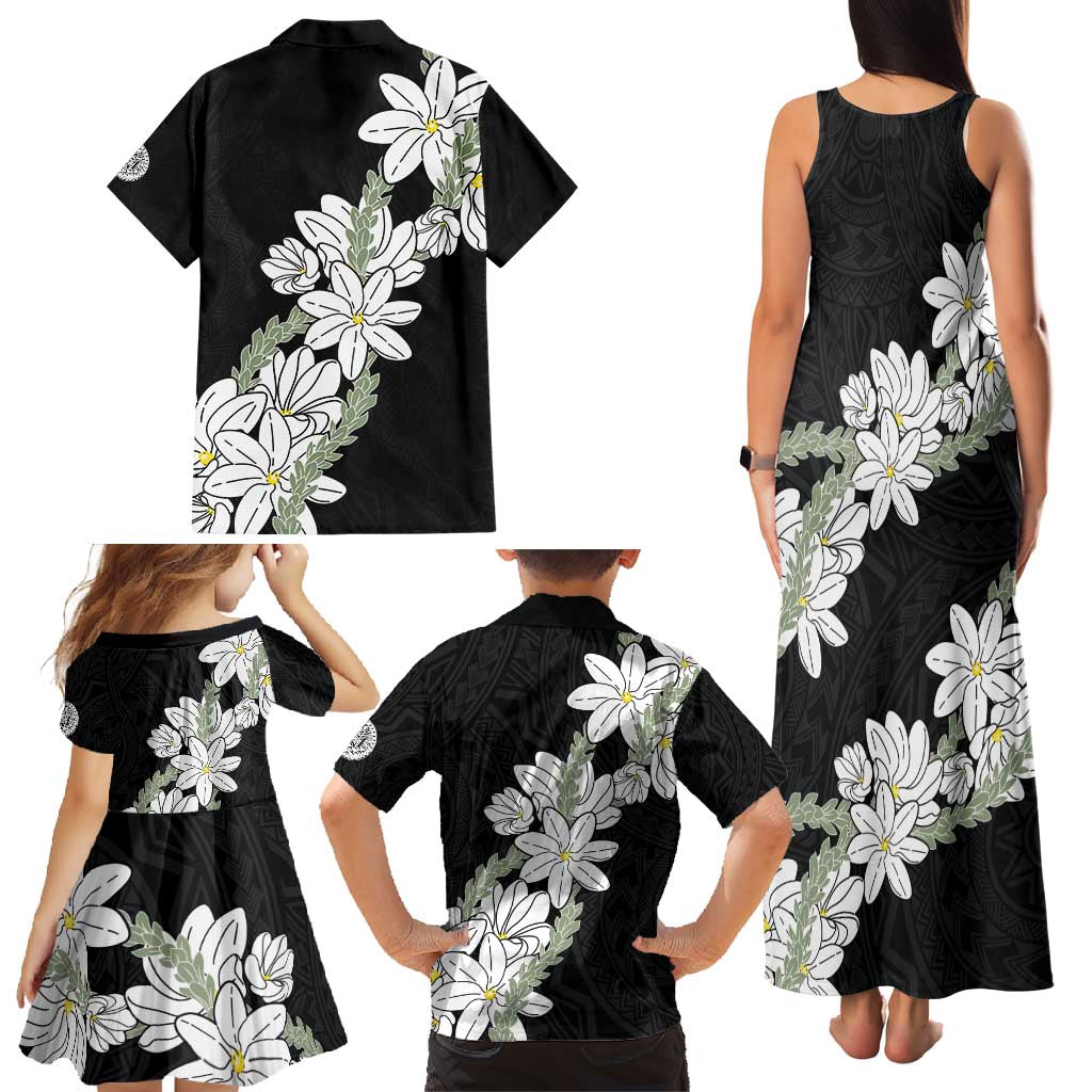 Ia Orana Tahiti Tiare Family Matching Tank Maxi Dress and Hawaiian Shirt Black Lei LT7 - Polynesian Pride
