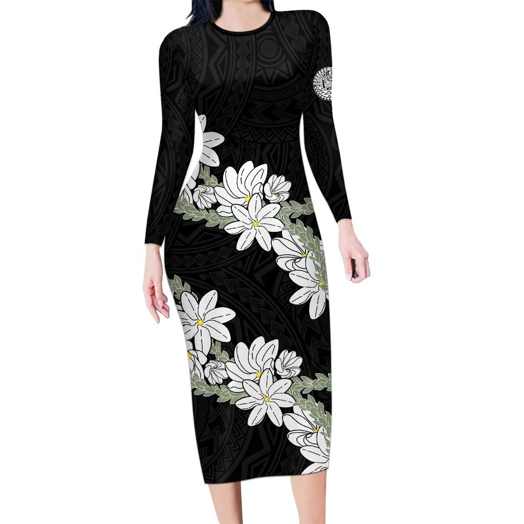 Ia Orana Tahiti Tiare Long Sleeve Bodycon Dress Black Lei - Polynesian Pride