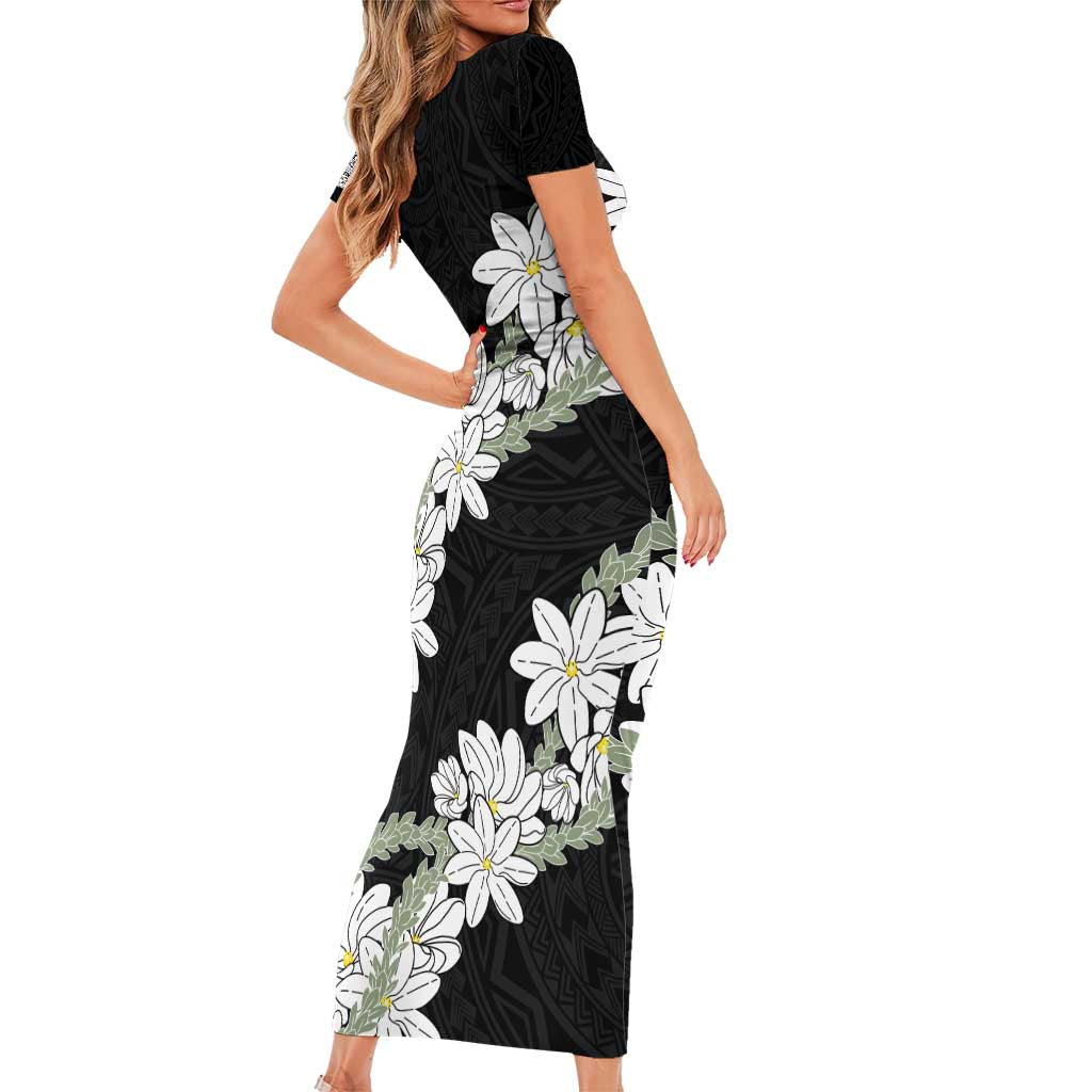 Ia Orana Tahiti Tiare Short Sleeve Bodycon Dress Black Lei - Polynesian Pride