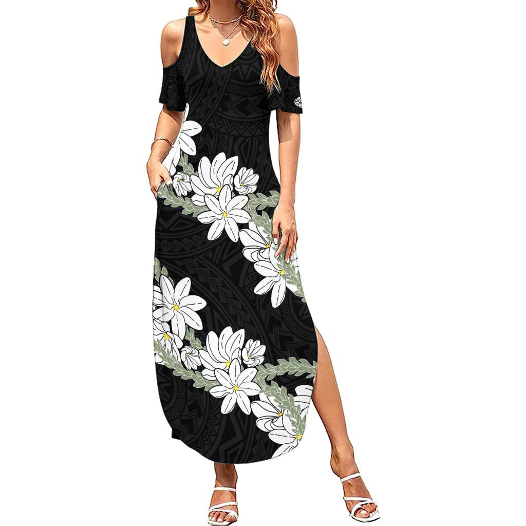 Ia Orana Tahiti Tiare Summer Maxi Dress Black Lei - Polynesian Pride