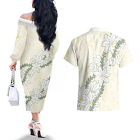 Ia Orana Tahiti Tiare Couples Matching Off The Shoulder Long Sleeve Dress and Hawaiian Shirt Lemon Yellow Lei LT7 - Polynesian Pride