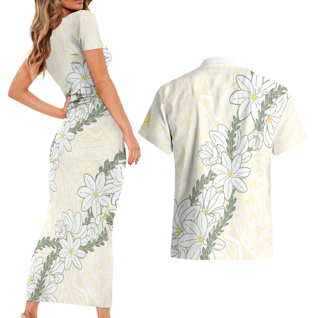 Ia Orana Tahiti Tiare Couples Matching Short Sleeve Bodycon Dress and Hawaiian Shirt Lemon Yellow Lei LT7 - Polynesian Pride