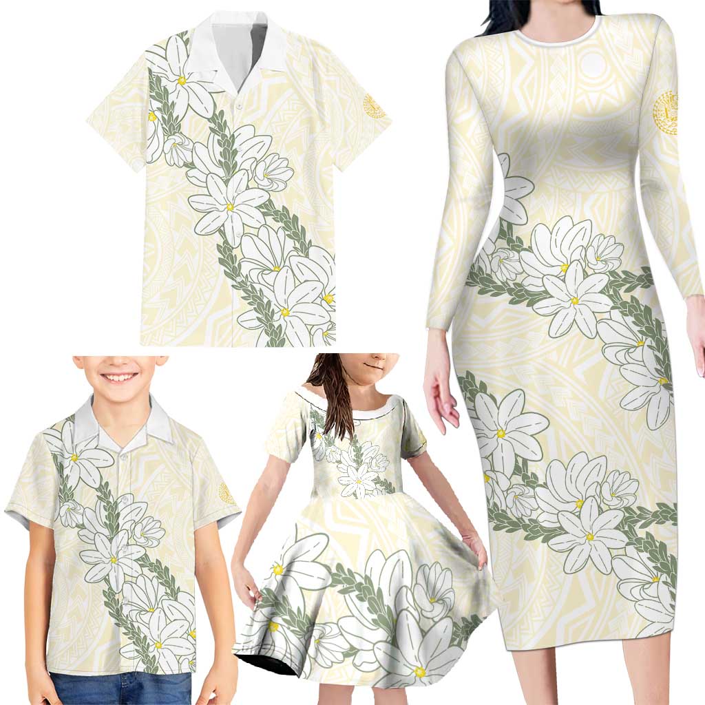 Ia Orana Tahiti Tiare Family Matching Long Sleeve Bodycon Dress and Hawaiian Shirt Lemon Yellow Lei LT7 - Polynesian Pride