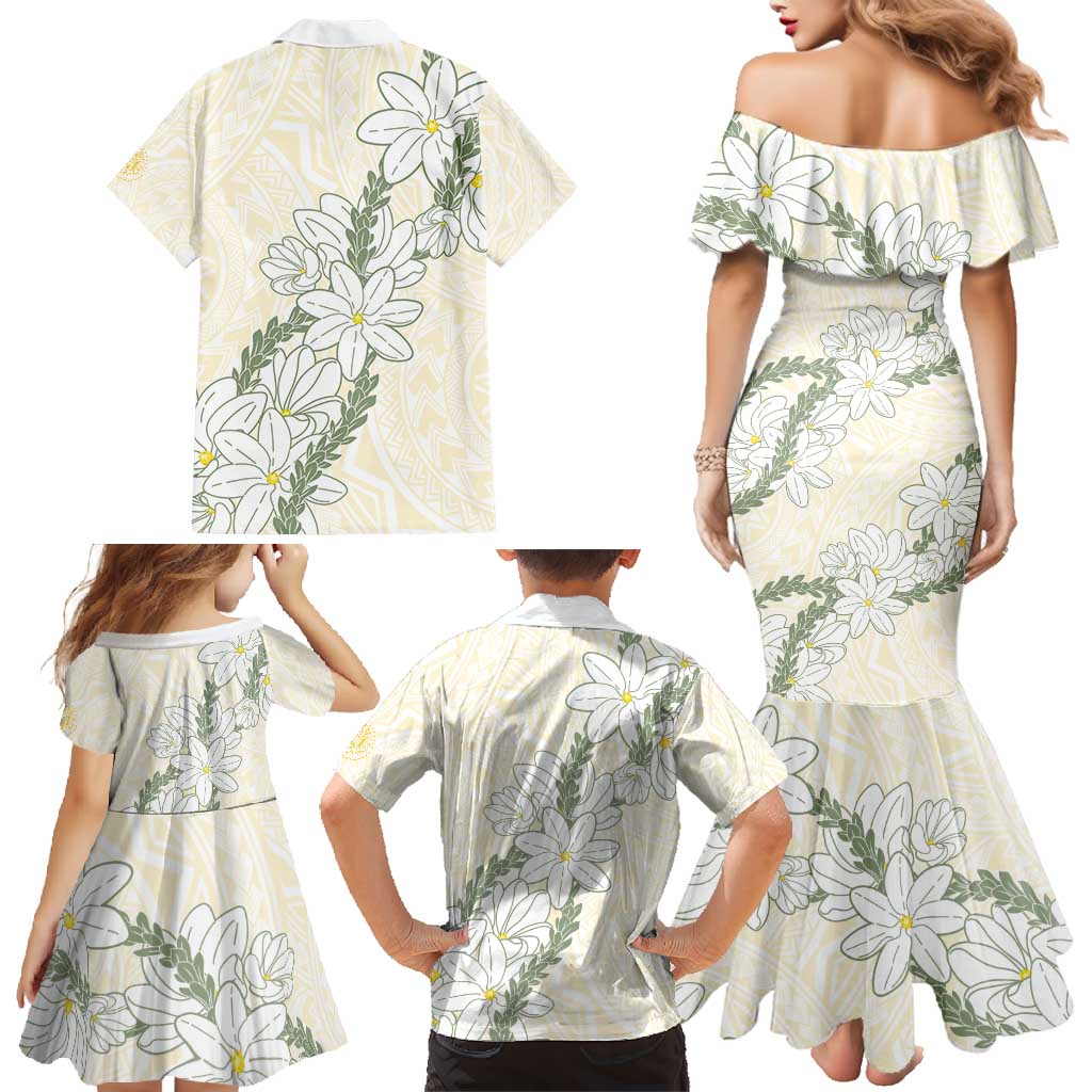 Ia Orana Tahiti Tiare Family Matching Mermaid Dress and Hawaiian Shirt Lemon Yellow Lei LT7 - Polynesian Pride