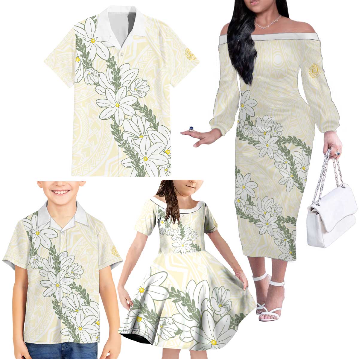 Ia Orana Tahiti Tiare Family Matching Off The Shoulder Long Sleeve Dress and Hawaiian Shirt Lemon Yellow Lei LT7 - Polynesian Pride