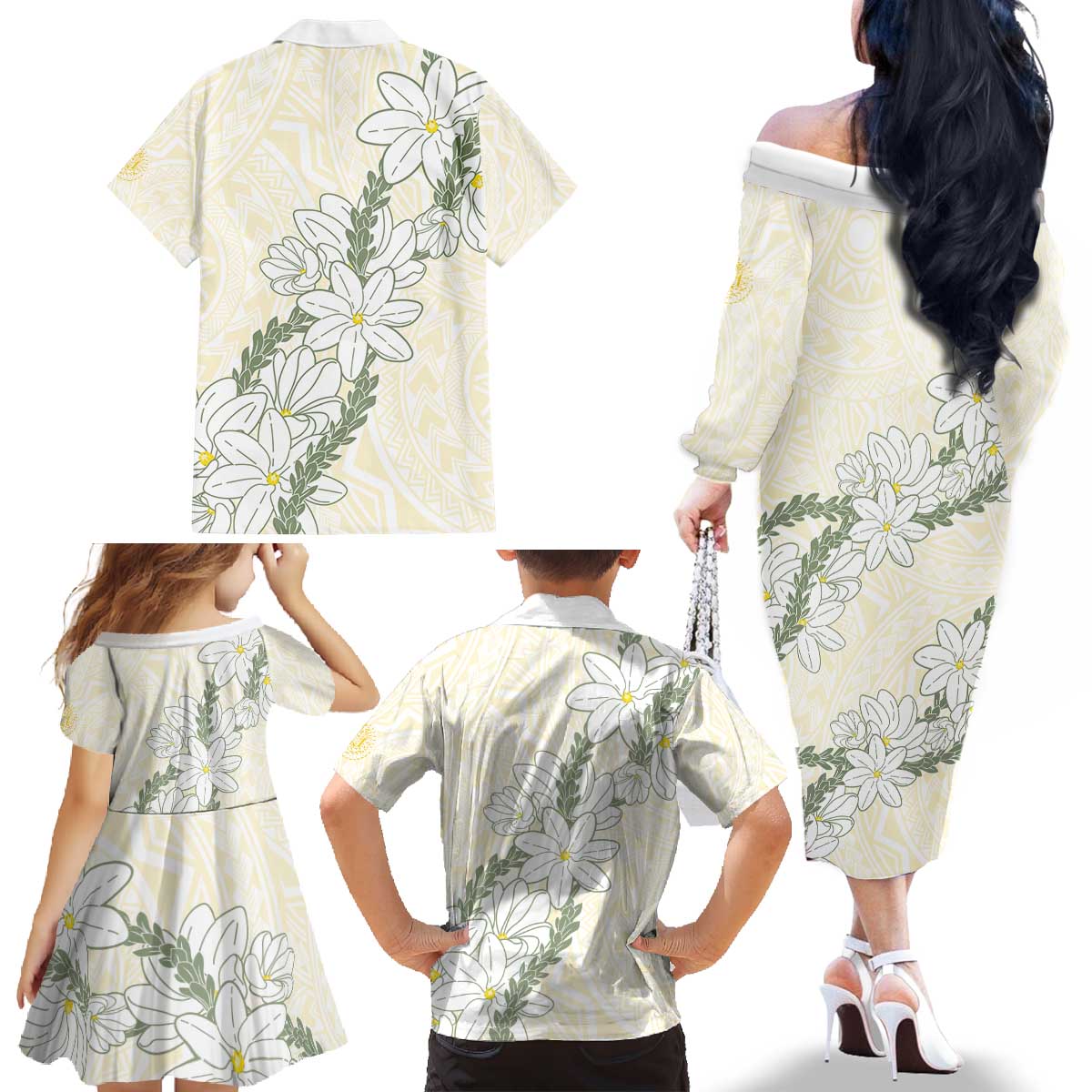 Ia Orana Tahiti Tiare Family Matching Off The Shoulder Long Sleeve Dress and Hawaiian Shirt Lemon Yellow Lei LT7 - Polynesian Pride