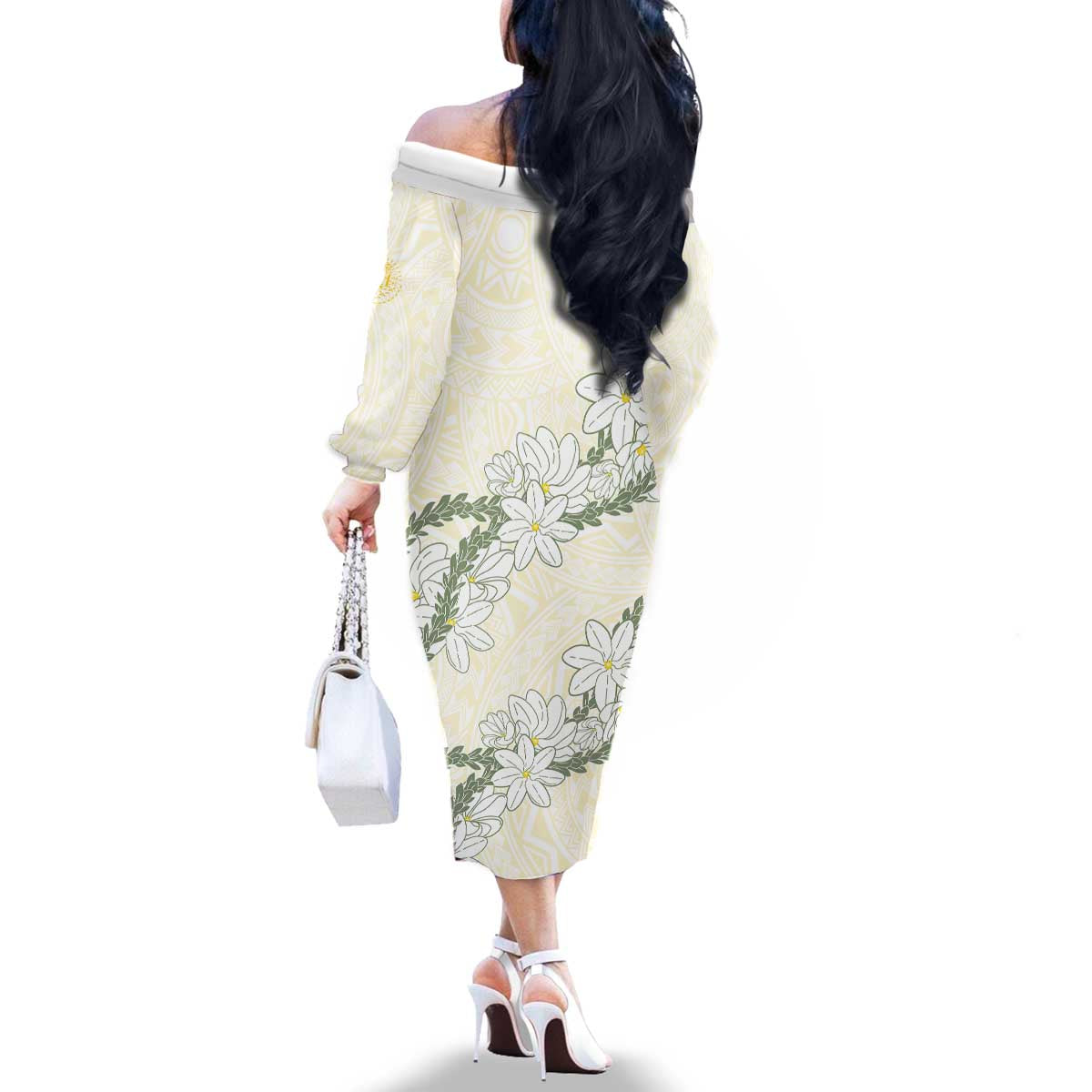 Ia Orana Tahiti Tiare Family Matching Off The Shoulder Long Sleeve Dress and Hawaiian Shirt Lemon Yellow Lei LT7 - Polynesian Pride