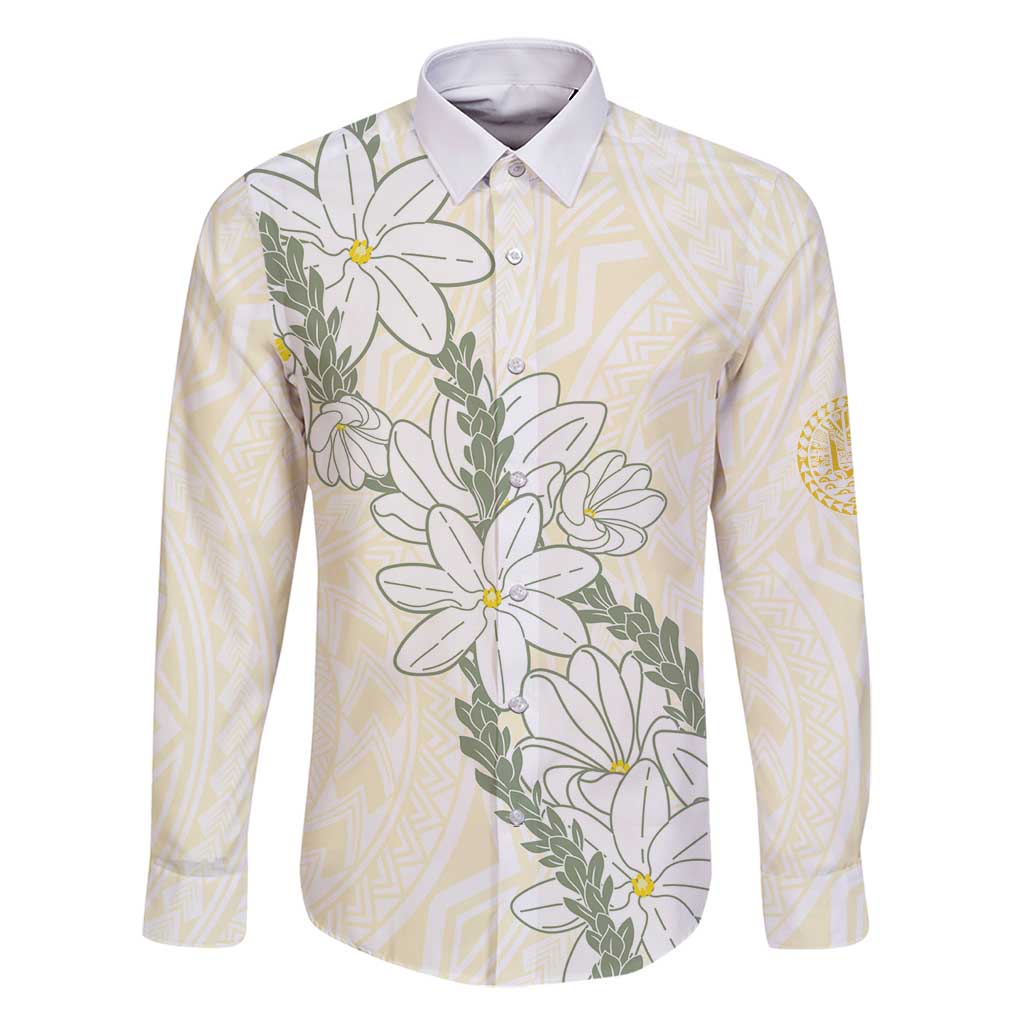 Ia Orana Tahiti Tiare Family Matching Off Shoulder Maxi Dress and Hawaiian Shirt Lemon Yellow Lei LT7 Dad's Shirt - Long Sleeve Lemon - Polynesian Pride