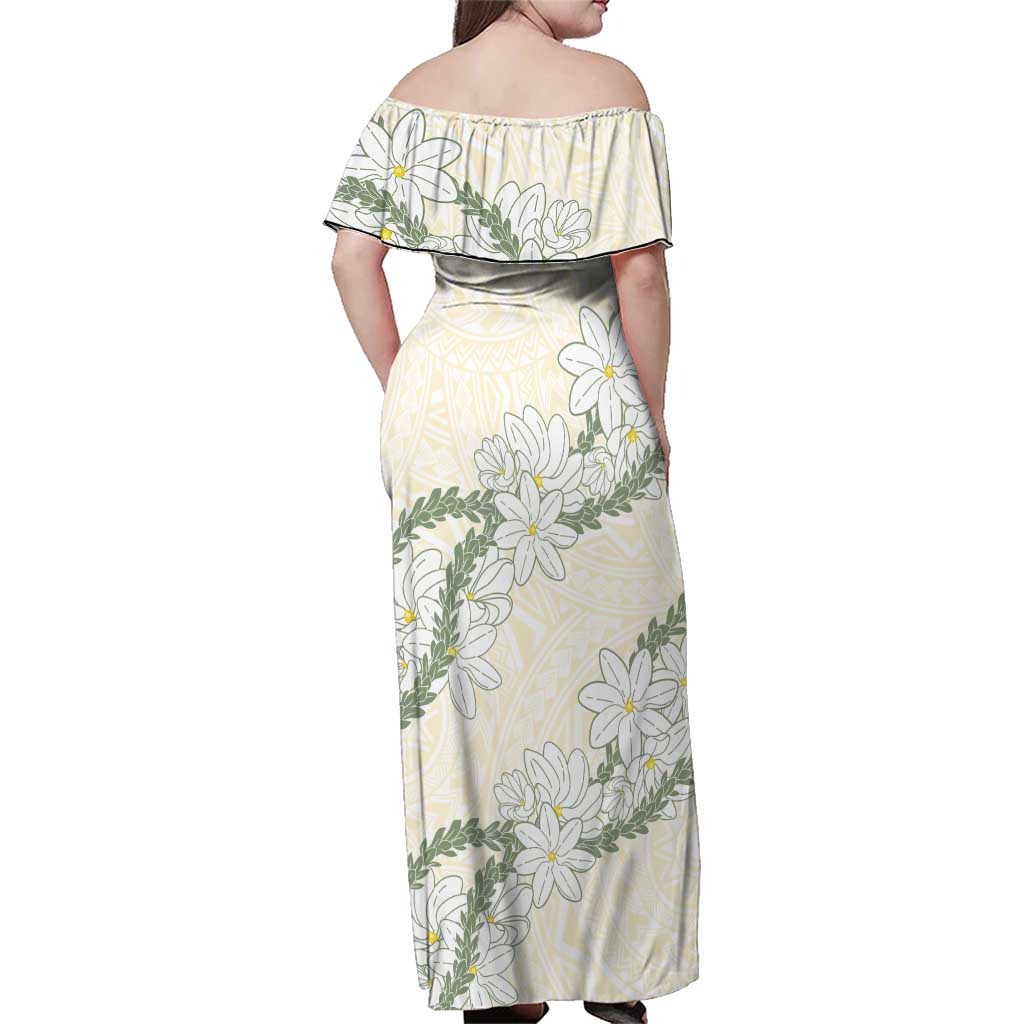 Ia Orana Tahiti Tiare Family Matching Off Shoulder Maxi Dress and Hawaiian Shirt Lemon Yellow Lei LT7 - Polynesian Pride