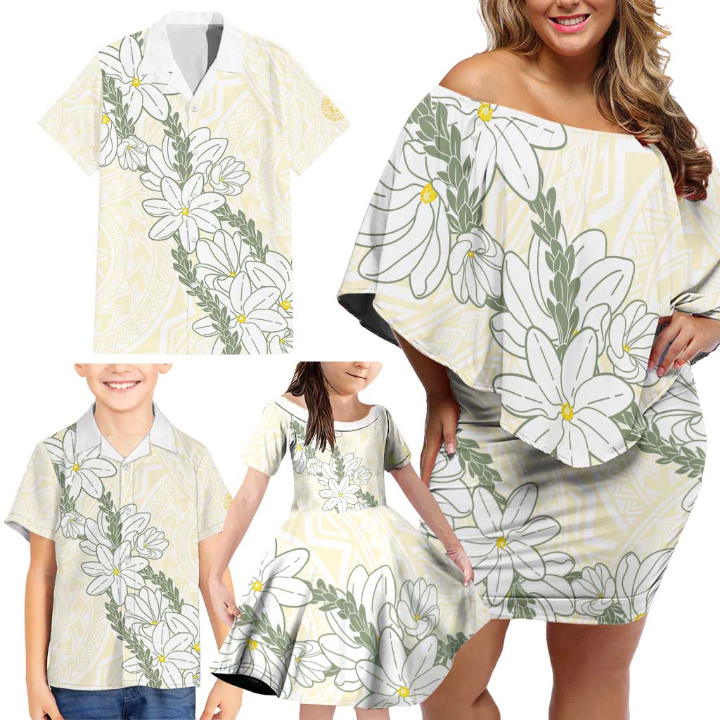 Ia Orana Tahiti Tiare Family Matching Off Shoulder Short Dress and Hawaiian Shirt Lemon Yellow Lei LT7 - Polynesian Pride