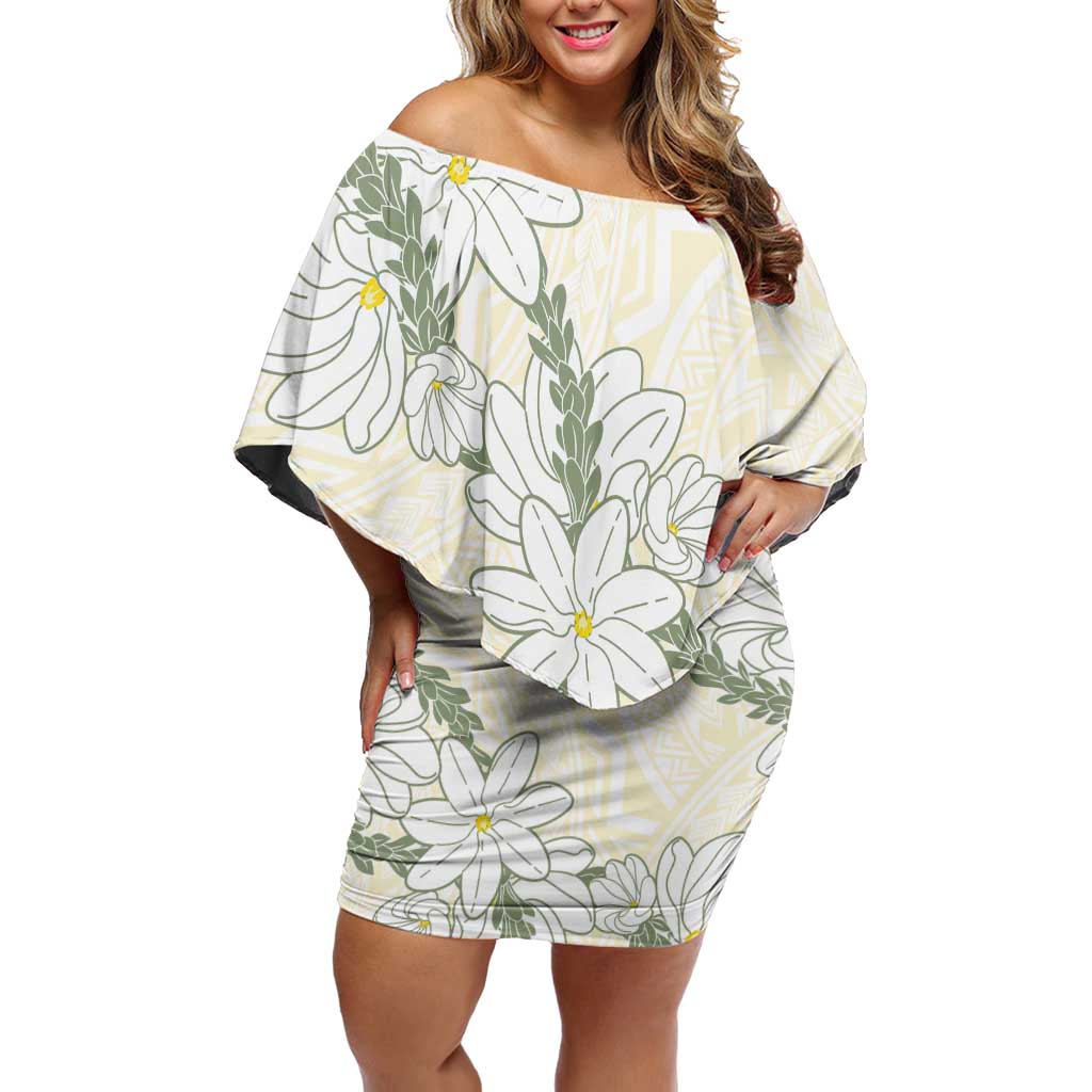 Ia Orana Tahiti Tiare Family Matching Off Shoulder Short Dress and Hawaiian Shirt Lemon Yellow Lei LT7 Mom's Dress Lemon - Polynesian Pride