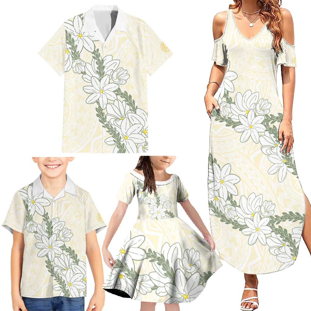 Ia Orana Tahiti Tiare Family Matching Summer Maxi Dress and Hawaiian Shirt Lemon Yellow Lei LT7 - Polynesian Pride