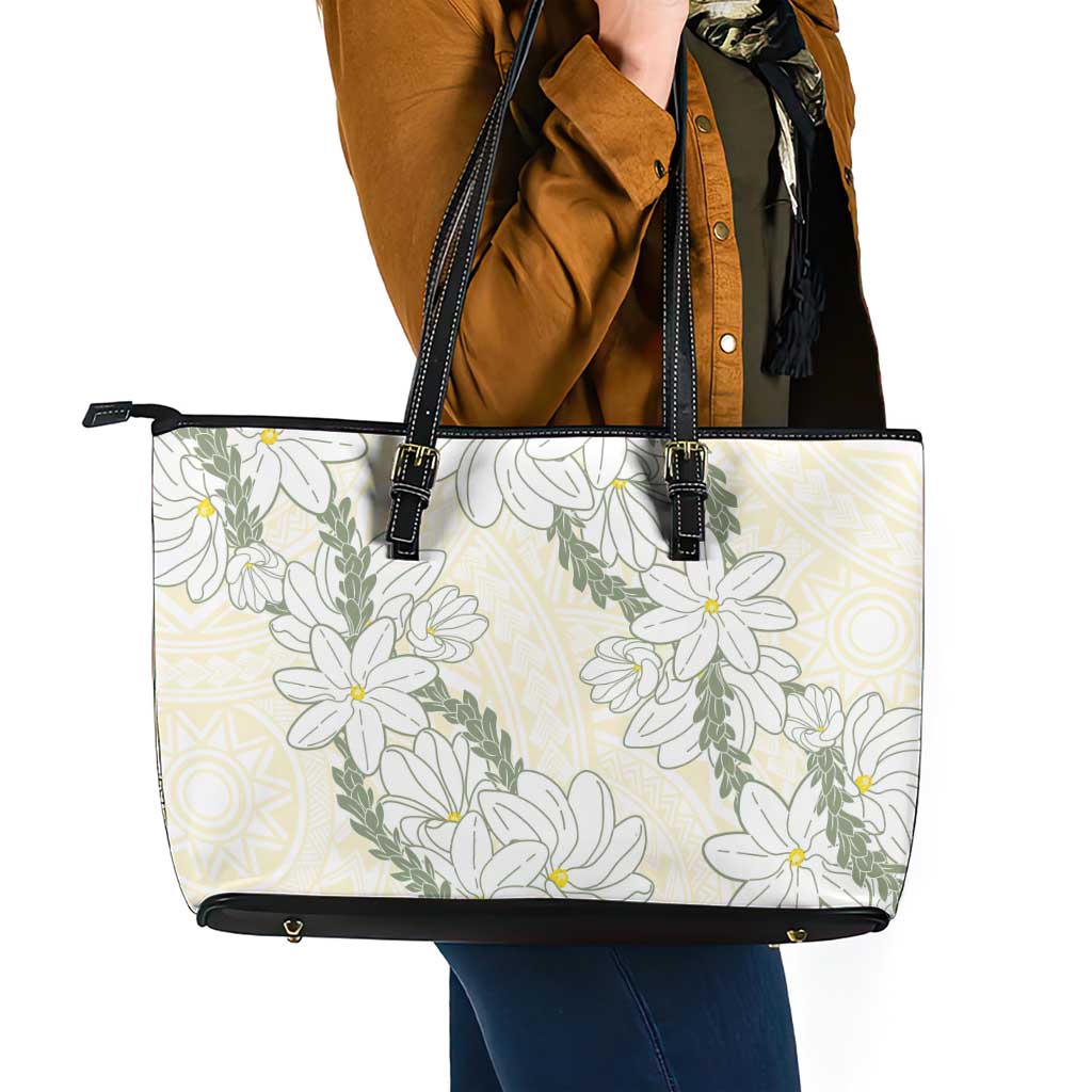 Ia Orana Tahiti Tiare Leather Tote Bag Lemon Yellow Lei - Polynesian Pride