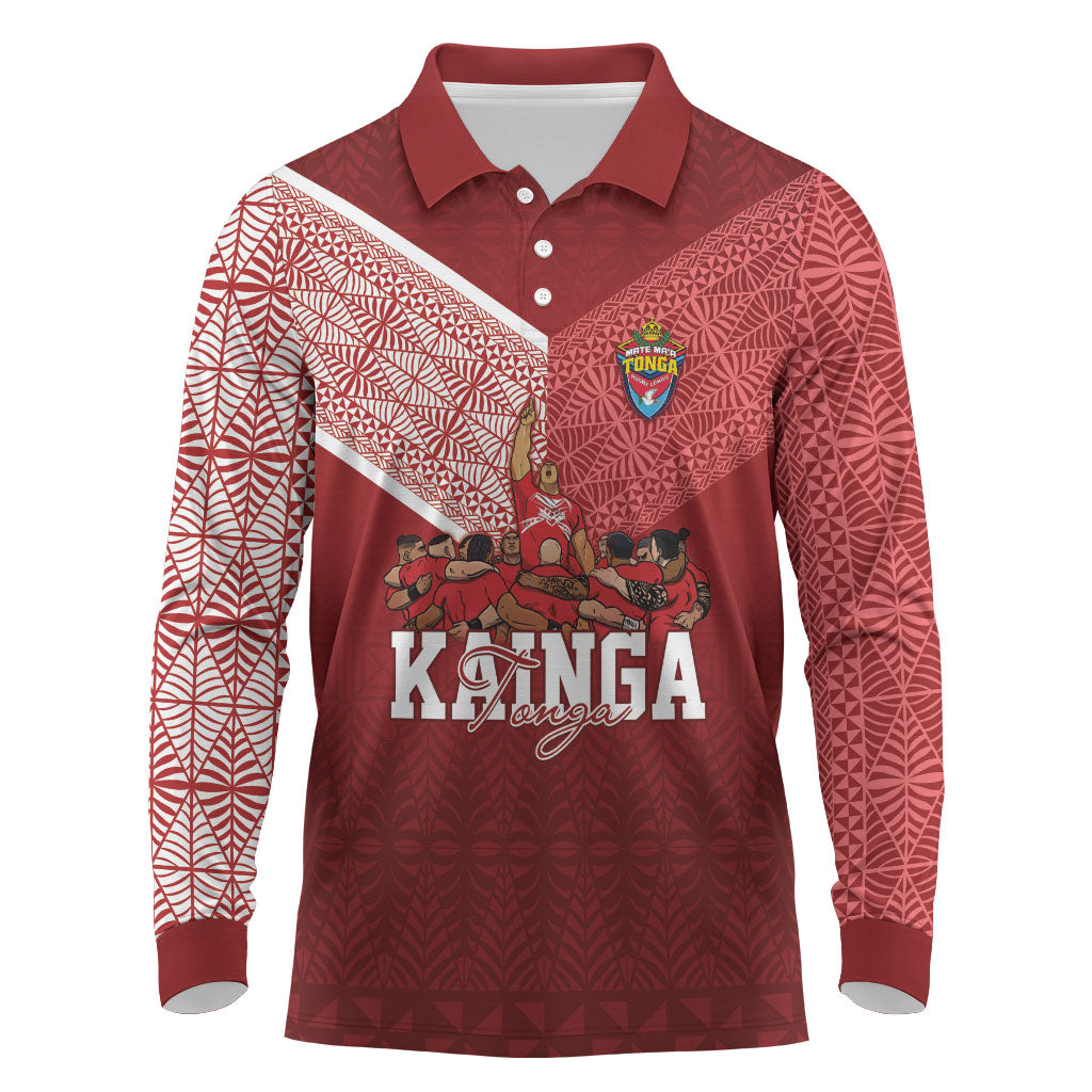 Mate Ma'a Tonga Custom Ngatu Long Sleeve Polo Shirt Kainga - Sipi Tau LT7 Red - Polynesian Pride