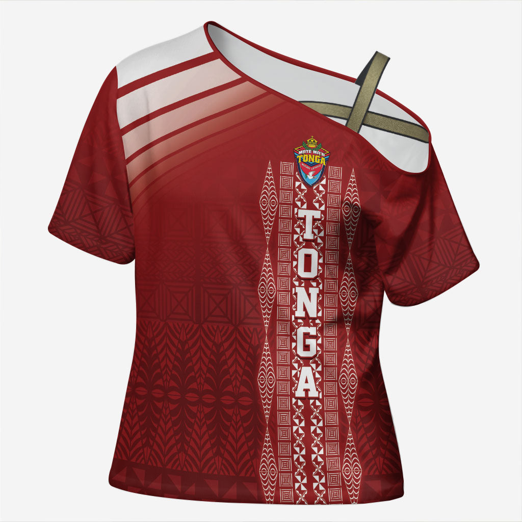 Mate Ma'a Tonga Custom Cross Shoulder Shirt Basic Ngatu Kupesi Motif LT7 Female Red - Polynesian Pride