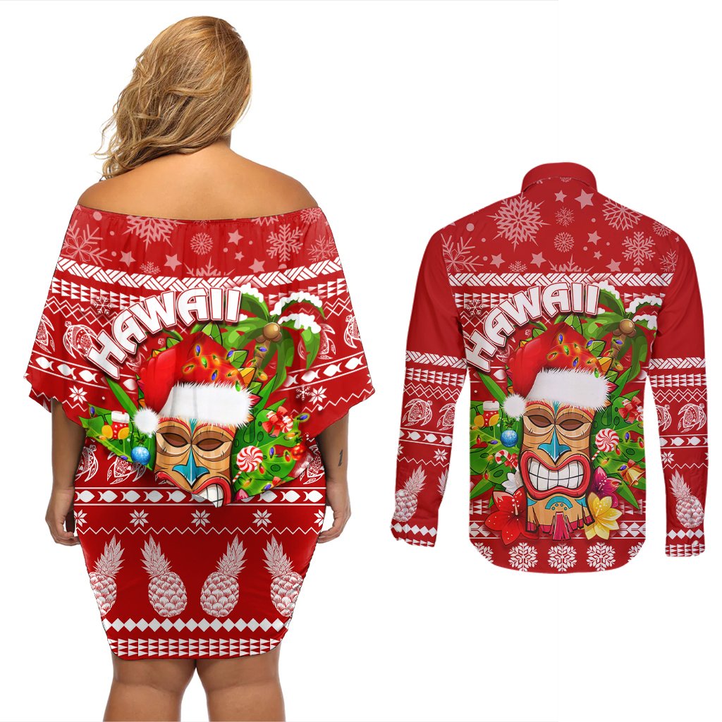Hawaii Tiki Christmas Couples Matching Off Shoulder Short Dress and Long Sleeve Button Shirt Mele Kalikimaka LT7 - Polynesian Pride