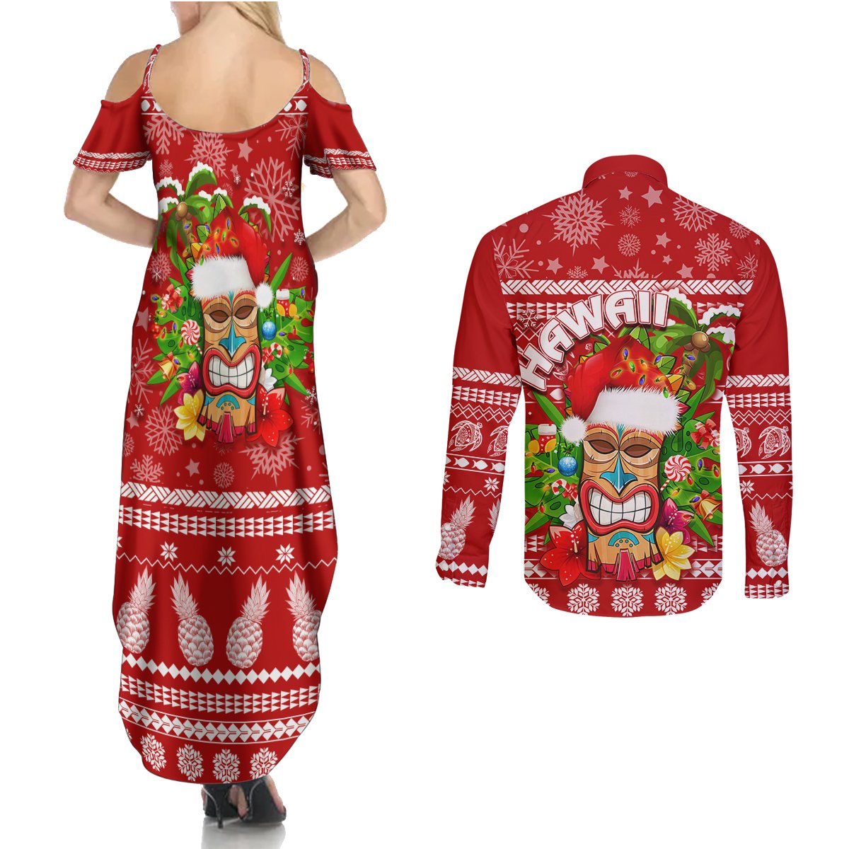 Hawaii Tiki Christmas Couples Matching Summer Maxi Dress and Long Sleeve Button Shirt Mele Kalikimaka LT7 - Polynesian Pride