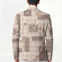 Hawaiian Quilt Tapa On Beige Palaka Motifs Blazer