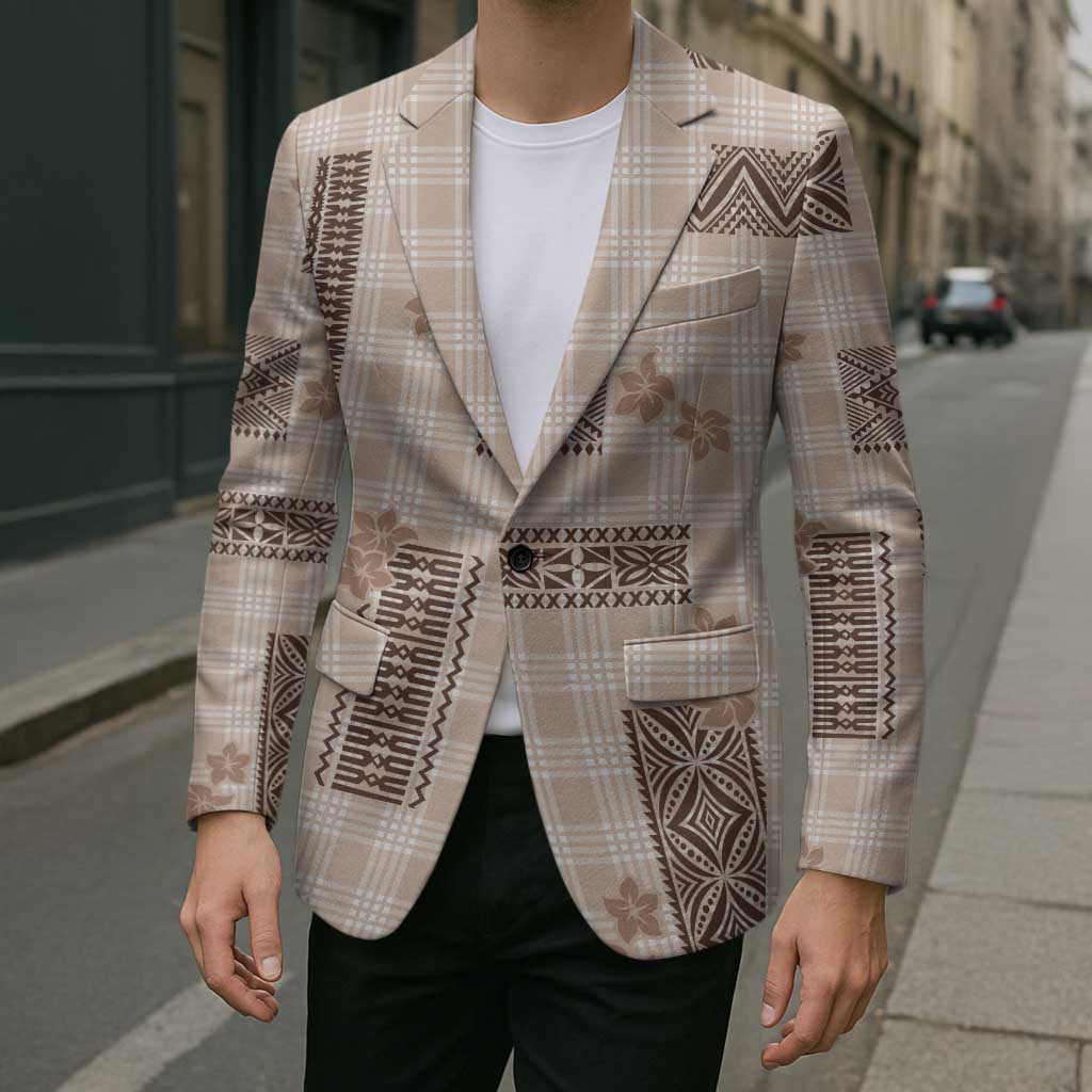 Hawaiian Quilt Tapa On Beige Palaka Motifs Blazer