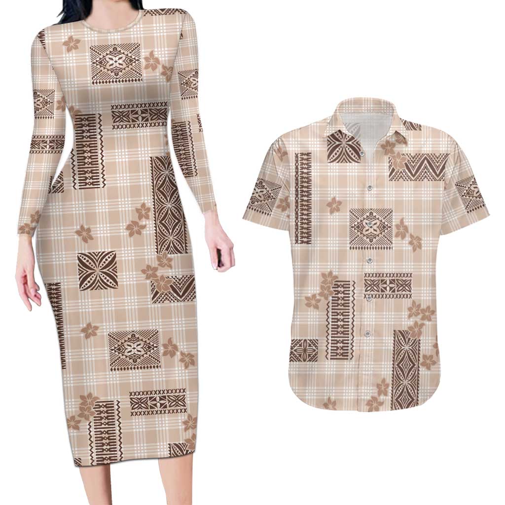 Hawaiian Quilt Tapa On Beige Palaka Motifs Couples Matching Long Sleeve Bodycon Dress and Hawaiian Shirt LT7 Beige - Polynesian Pride