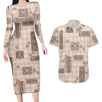 Hawaiian Quilt Tapa On Beige Palaka Motifs Couples Matching Long Sleeve Bodycon Dress and Hawaiian Shirt LT7 Beige - Polynesian Pride