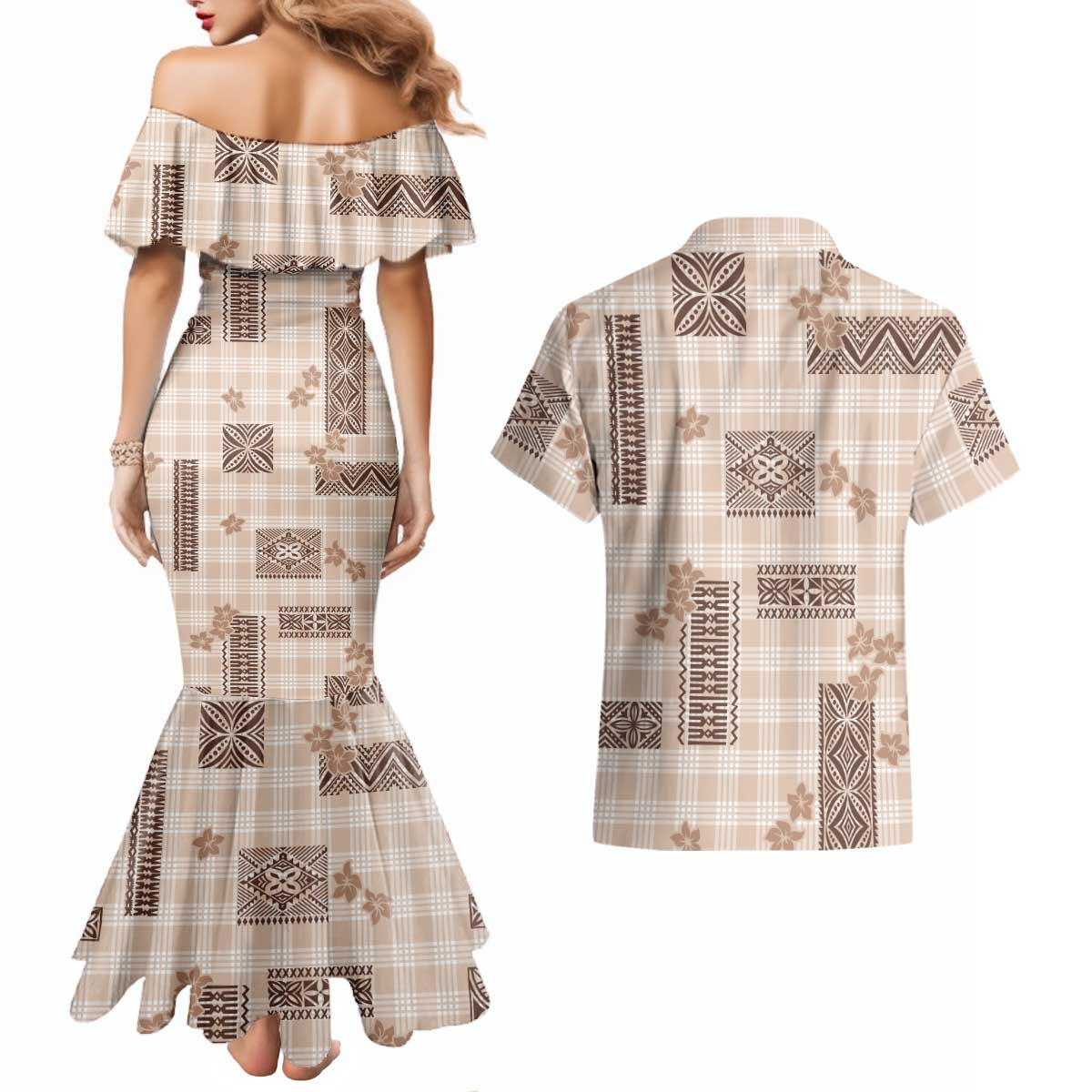 Hawaiian Quilt Tapa On Beige Palaka Motifs Couples Matching Mermaid Dress and Hawaiian Shirt LT7 - Polynesian Pride