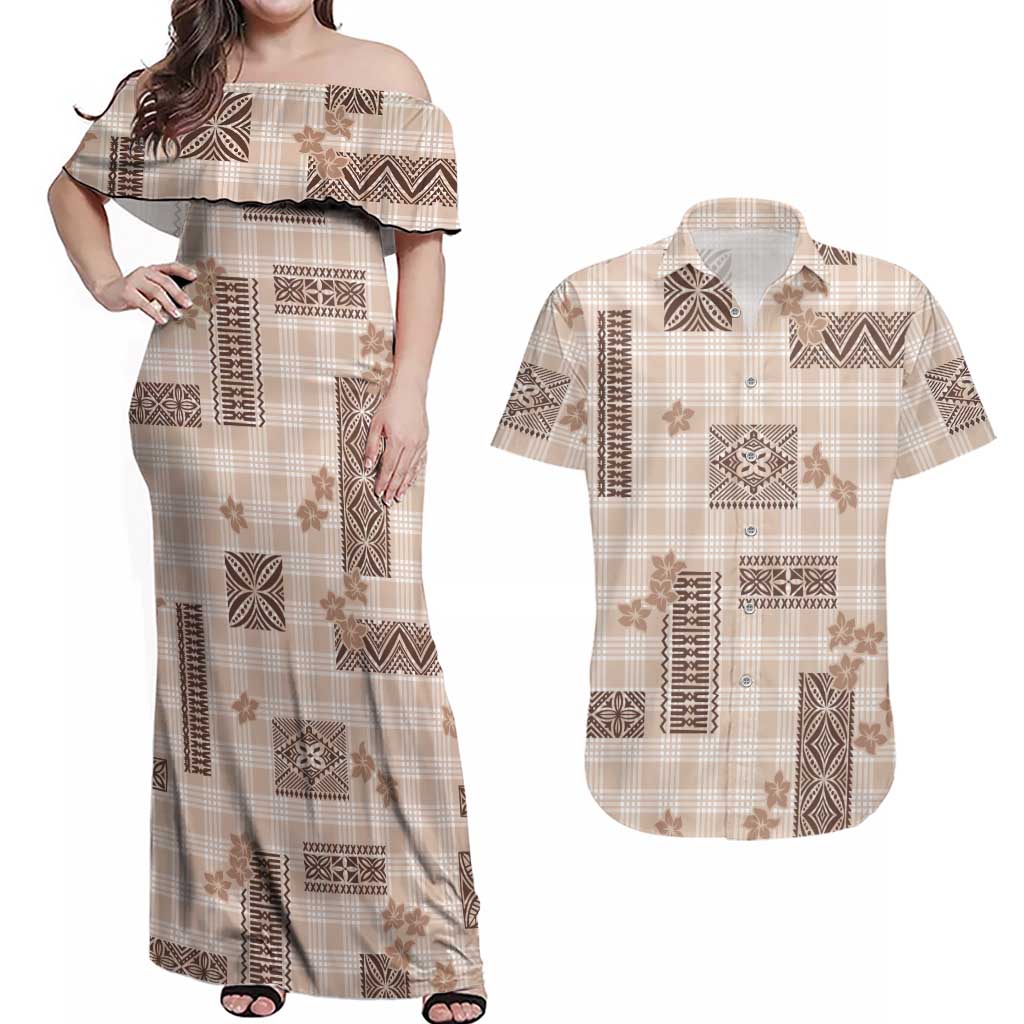 Hawaiian Quilt Tapa On Beige Palaka Motifs Couples Matching Off Shoulder Maxi Dress and Hawaiian Shirt
