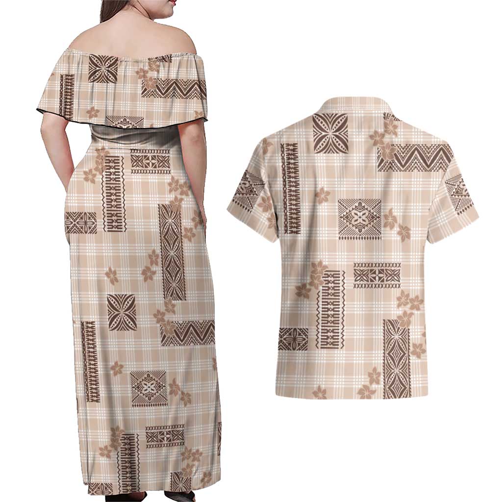 Hawaiian Quilt Tapa On Beige Palaka Motifs Couples Matching Off Shoulder Maxi Dress and Hawaiian Shirt