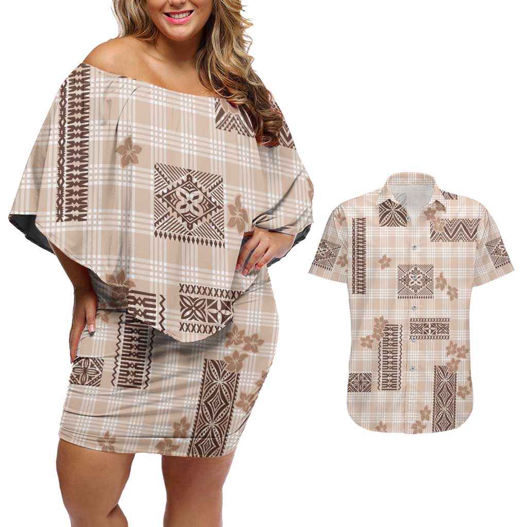 Hawaiian Quilt Tapa On Beige Palaka Motifs Couples Matching Off Shoulder Short Dress and Hawaiian Shirt