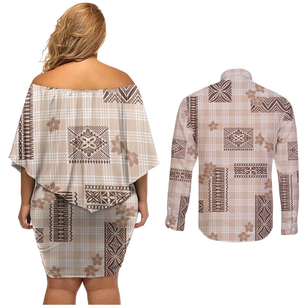 Hawaiian Quilt Tapa On Beige Palaka Motifs Couples Matching Off Shoulder Short Dress and Long Sleeve Button Shirt