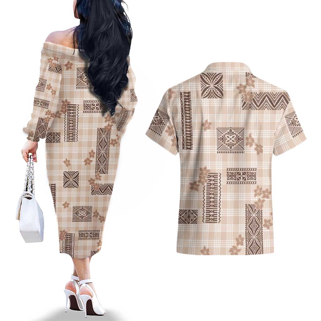 Hawaiian Quilt Tapa On Beige Palaka Motifs Couples Matching Off The Shoulder Long Sleeve Dress and Hawaiian Shirt LT7 - Polynesian Pride