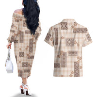 Hawaiian Quilt Tapa On Beige Palaka Motifs Couples Matching Off The Shoulder Long Sleeve Dress and Hawaiian Shirt LT7 - Polynesian Pride