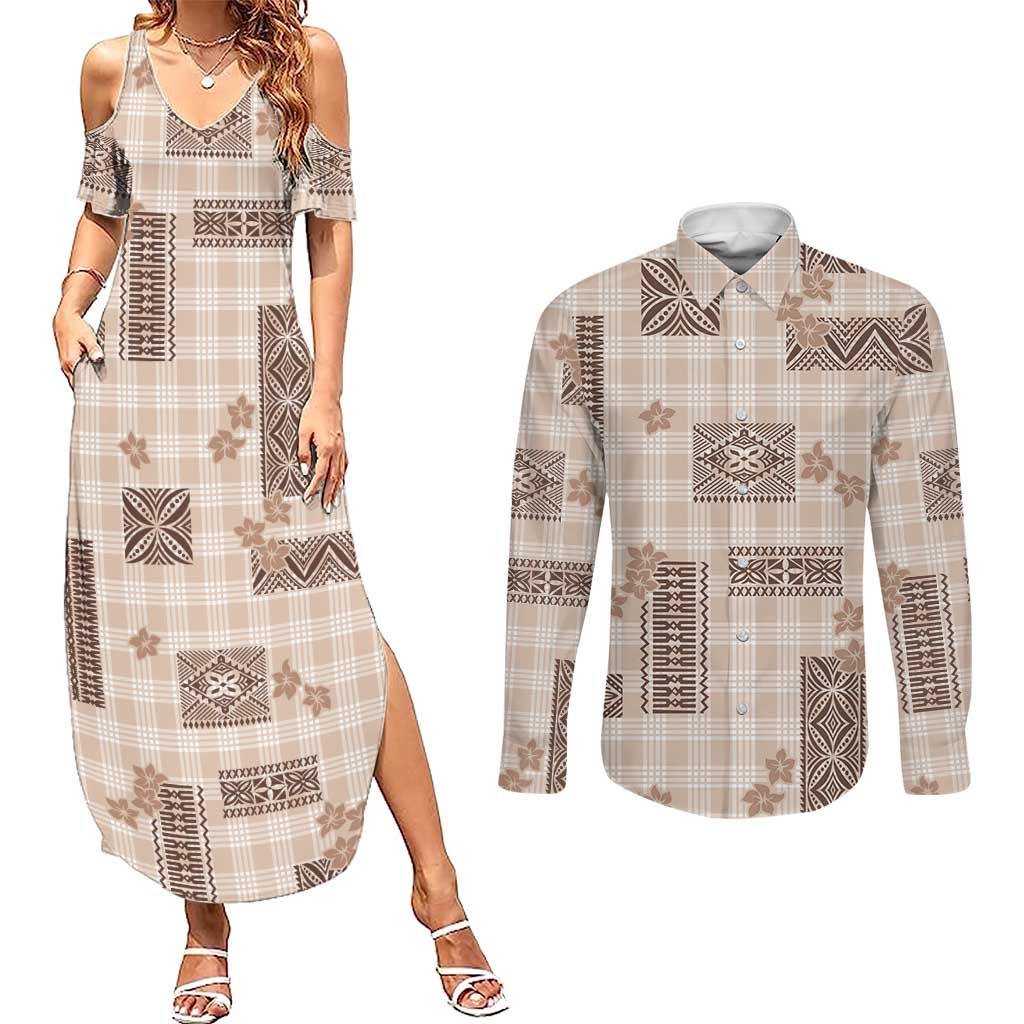 Hawaiian Quilt Tapa On Beige Palaka Motifs Couples Matching Summer Maxi Dress and Long Sleeve Button Shirt