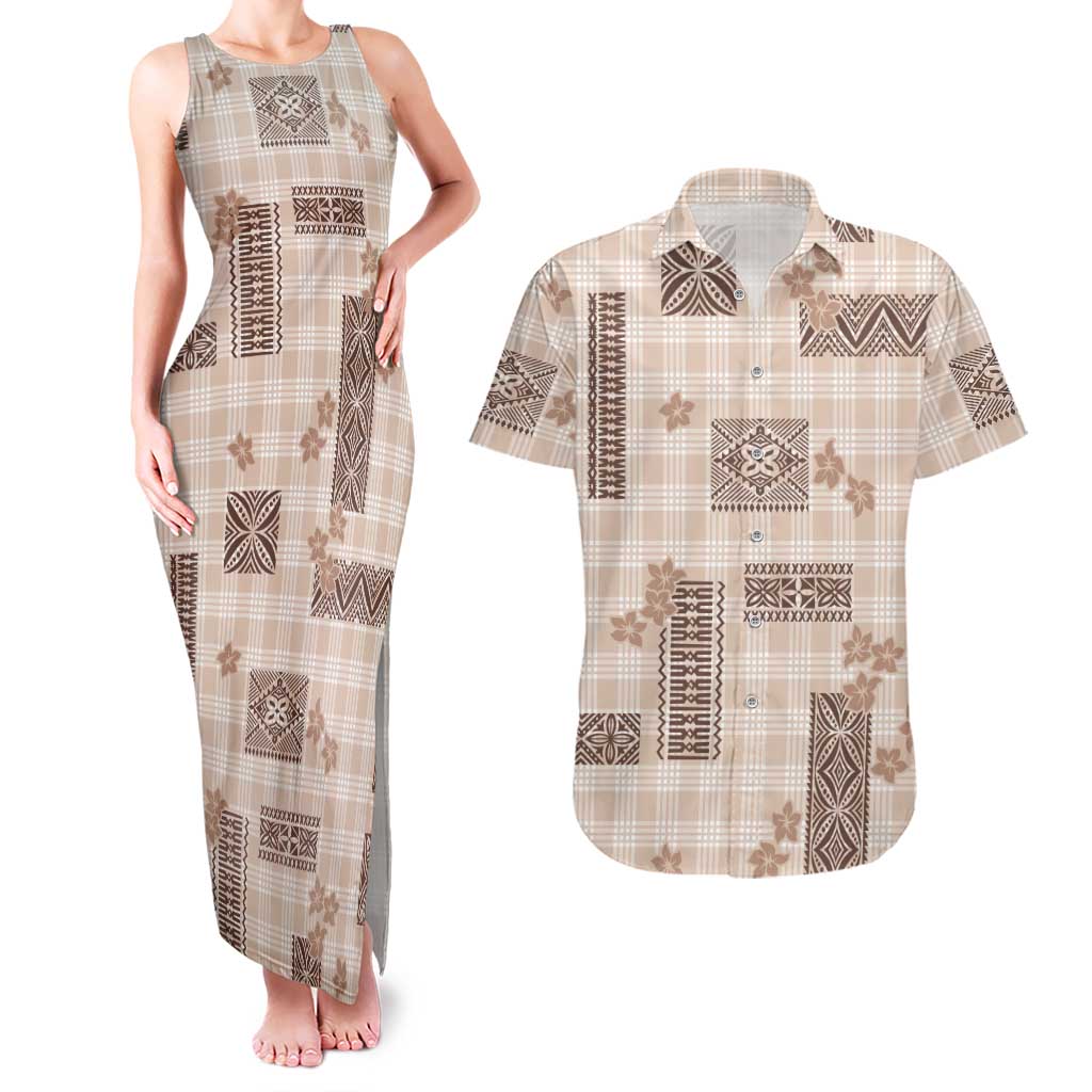 Hawaiian Quilt Tapa On Beige Palaka Motifs Couples Matching Tank Maxi Dress and Hawaiian Shirt LT7 Beige - Polynesian Pride