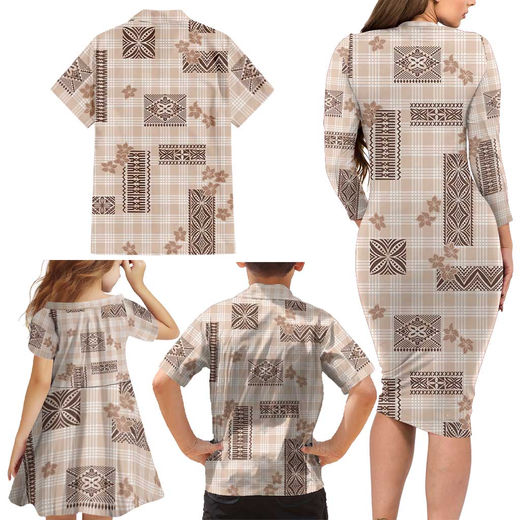 Hawaiian Quilt Tapa On Beige Palaka Motifs Family Matching Long Sleeve Bodycon Dress and Hawaiian Shirt LT7 - Polynesian Pride