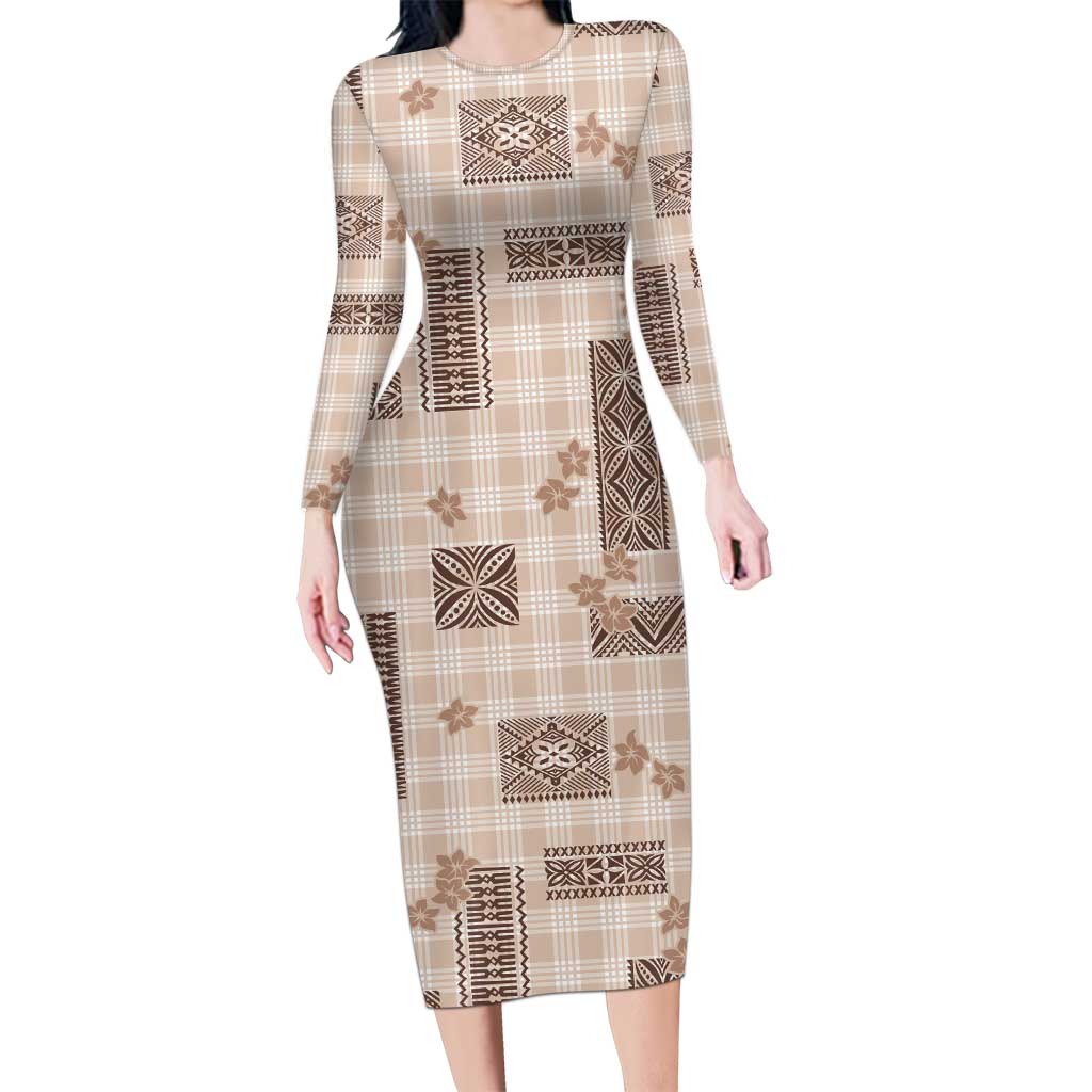 Hawaiian Quilt Tapa On Beige Palaka Motifs Family Matching Long Sleeve Bodycon Dress and Hawaiian Shirt LT7 Mom's Dress Beige - Polynesian Pride