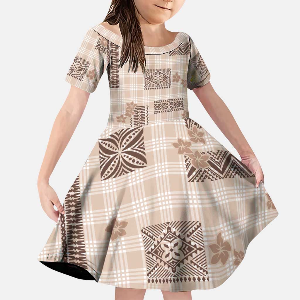 Hawaiian Quilt Tapa On Beige Palaka Motifs Family Matching Mermaid Dress and Hawaiian Shirt LT7 Daughter's Dress Beige - Polynesian Pride
