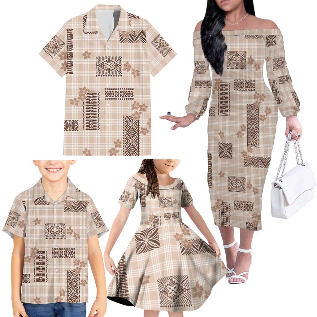 Hawaiian Quilt Tapa On Beige Palaka Motifs Family Matching Off The Shoulder Long Sleeve Dress and Hawaiian Shirt LT7 - Polynesian Pride