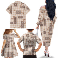 Hawaiian Quilt Tapa On Beige Palaka Motifs Family Matching Off The Shoulder Long Sleeve Dress and Hawaiian Shirt LT7 - Polynesian Pride