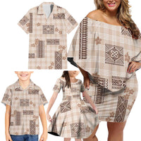 Hawaiian Quilt Tapa On Beige Palaka Motifs Family Matching Off Shoulder Short Dress and Hawaiian Shirt LT7 - Polynesian Pride