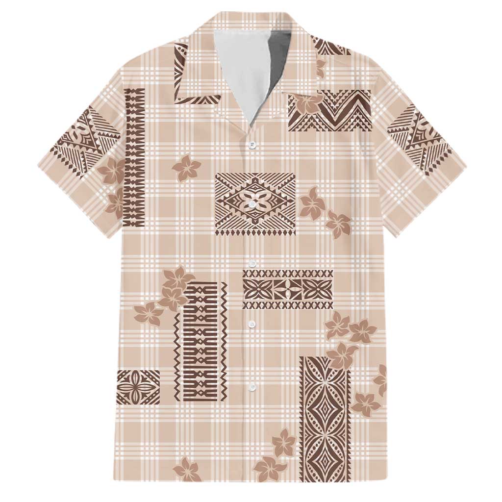 Hawaiian Quilt Tapa On Beige Palaka Motifs Family Matching Off Shoulder Short Dress and Hawaiian Shirt LT7 Dad's Shirt - Short Sleeve Beige - Polynesian Pride