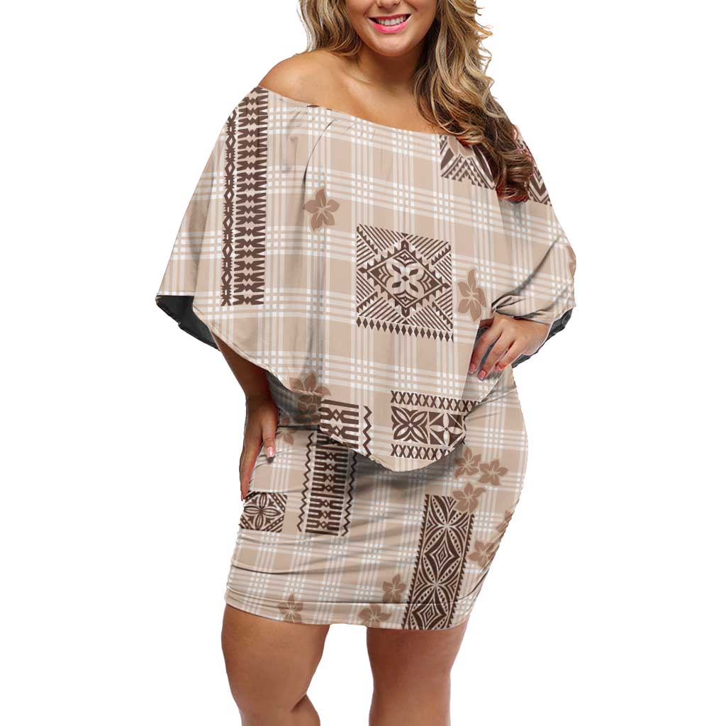 Hawaiian Quilt Tapa On Beige Palaka Motifs Family Matching Off Shoulder Short Dress and Hawaiian Shirt LT7 Mom's Dress Beige - Polynesian Pride