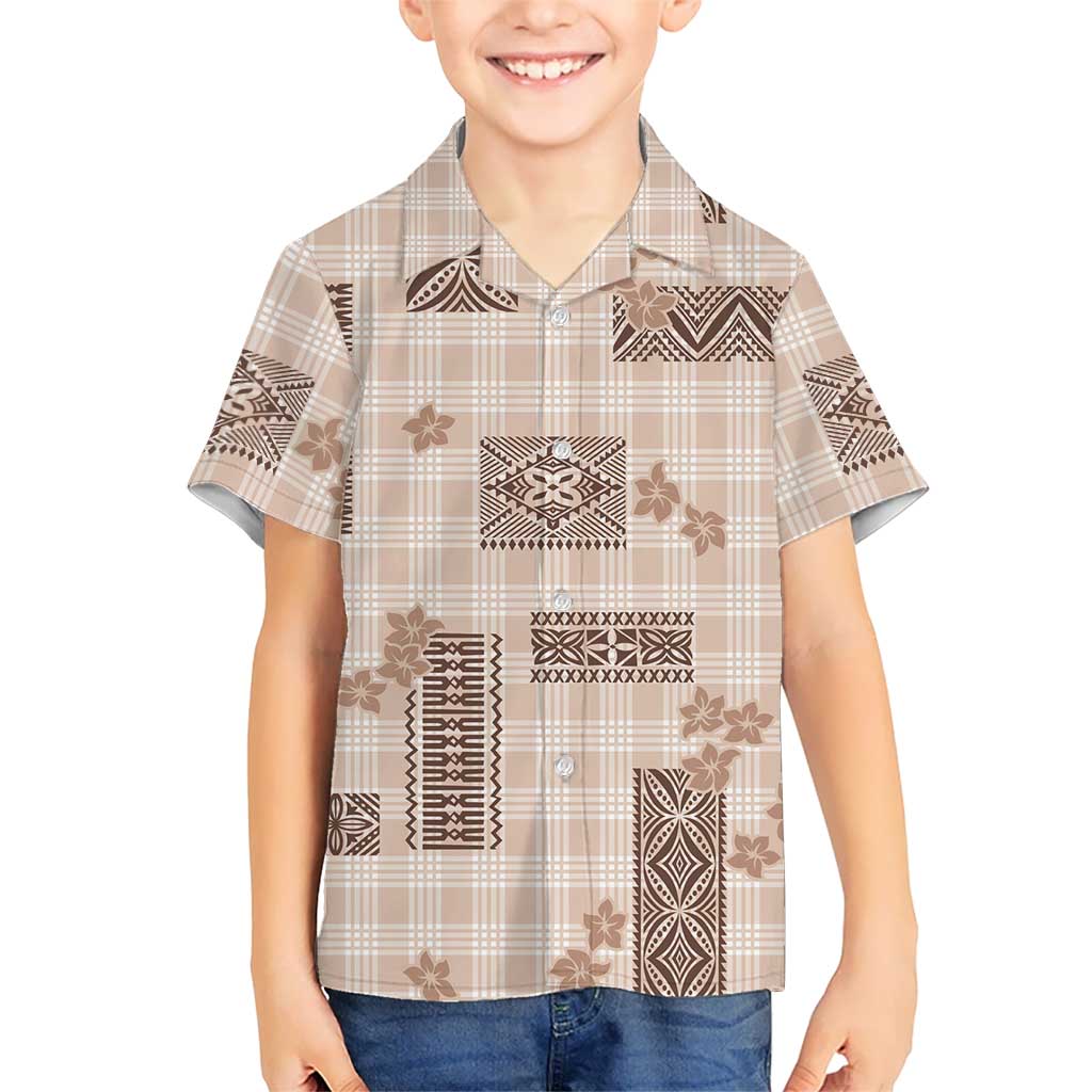 Hawaiian Quilt Tapa On Beige Palaka Motifs Family Matching Off Shoulder Short Dress and Hawaiian Shirt LT7 Son's Shirt Beige - Polynesian Pride