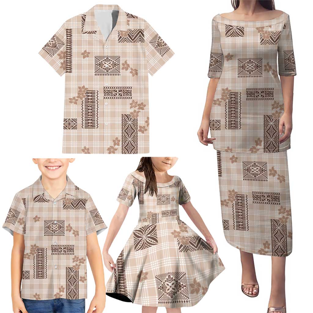 Hawaiian Quilt Tapa On Beige Palaka Motifs Family Matching Puletasi and Hawaiian Shirt LT7 - Polynesian Pride