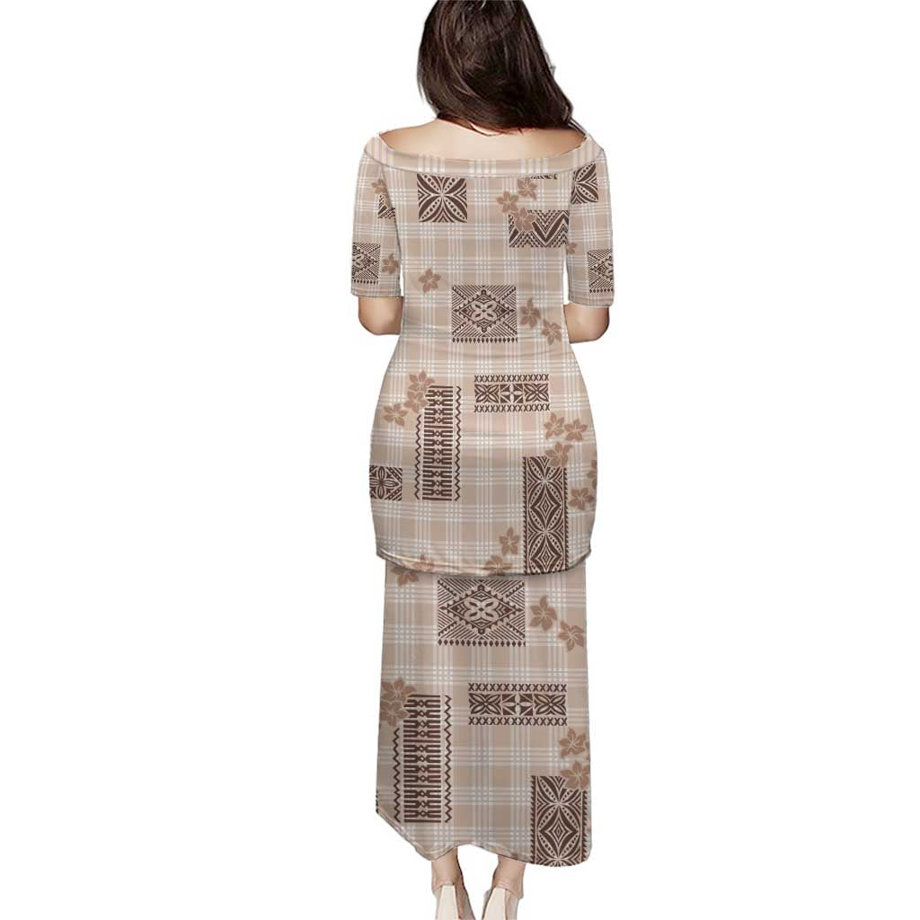 Hawaiian Quilt Tapa On Beige Palaka Motifs Family Matching Puletasi and Hawaiian Shirt LT7 - Polynesian Pride