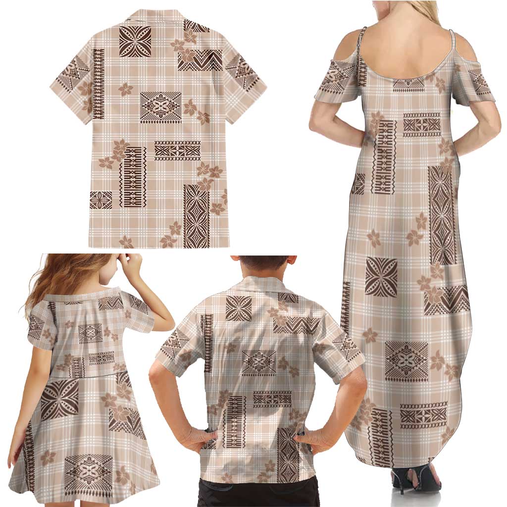 Hawaiian Quilt Tapa On Beige Palaka Motifs Family Matching Summer Maxi Dress and Hawaiian Shirt LT7 - Polynesian Pride
