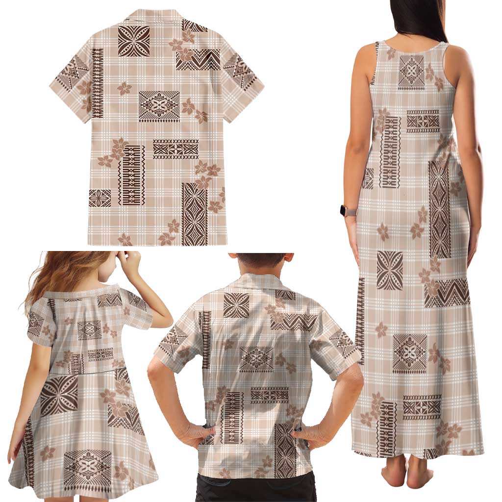 Hawaiian Quilt Tapa On Beige Palaka Motifs Family Matching Tank Maxi Dress and Hawaiian Shirt LT7 - Polynesian Pride